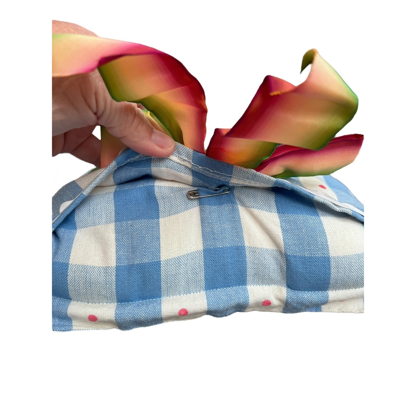 Hydrangea Blue Check 11" x 11" Handpainted Pillow Preppy Spring Floral Southern