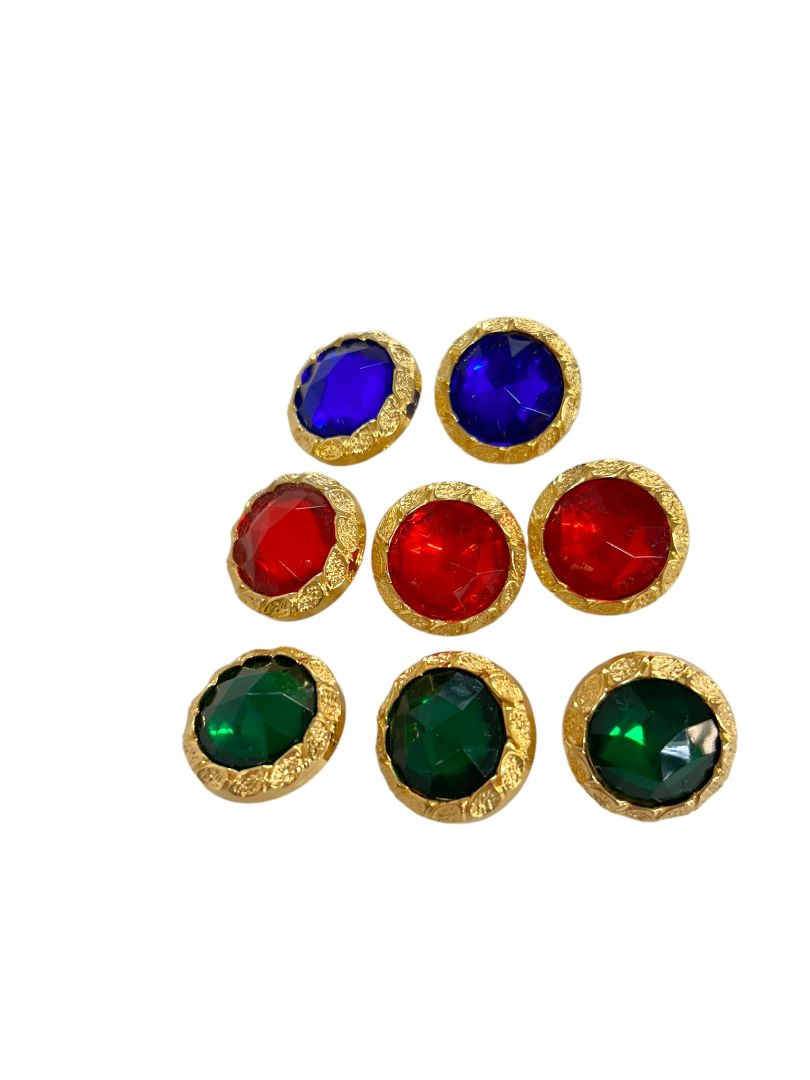 Set of 8 Goldtone Faceted Jeweled Buttons Red Green Blue Sewing Notions