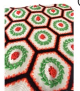 Handmade Crochet Flower Hexagon Square Afghan Blanket Red White Green Roses Vtg