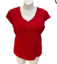 1X Jones New York Red Blouse Women's V-Neck w/Buttons Cap Sleeve Top