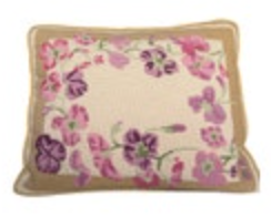 VTG Needlepoint Floral Pillow 16"x12” Gold Dupioni Silk Trim And Back Zip