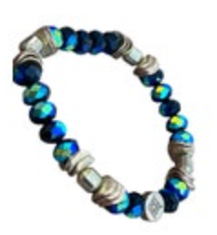 Jane Marie Blue Crystal Beaded Brass Tone Spacers Stretch Ladies Bracelet 6” Res