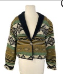 Vintage New Identity Jacket Womens M Black Green Gold Cropped Tapestry Aztec