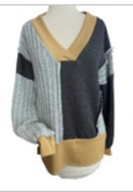 Sugarfox California Gray Brown Women's V-Neck Pullover Color Block Sweater