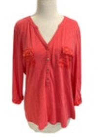by Chicos Top Size 1 Womens M Half Button Coral Roll Tab Sleeve V Neck Pockets