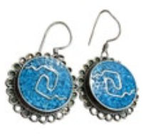 Vintage Alpaca Mexico Chip Turquoise Channel Inlay Dangle Earrings Round Stamped