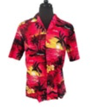VINTAGE Royal Creations Made in Hawaii Hawaiian Shirt Mens L Red Palm Button Up
