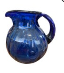 Blue Hand Blown Ribbed Glass Pitcher 8” Tall Mexico Margarita Bubble Party Vtg