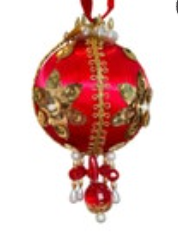 Vintage Ornate Push Pin Beaded Spun Satin Christmas Ornament Red Gold Dangle