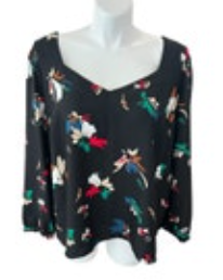The Limited 3X Womens Black Blouse Abstract L/S Floral V-Neck Button Cuff