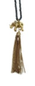 Elephant Pendant Necklace Gold Tone Rhinestones Tassel Gray Stones 34”