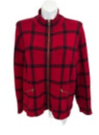 Lauren Ralph Lauren Women’s 2X Full Zip Sweater Red Black Plaid Pockets Knit EUC
