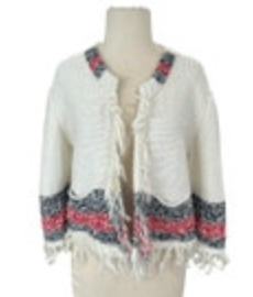 Augden New York White Fringe Knit Open Cardigan Boho Sweater Pocket XS Blue Red