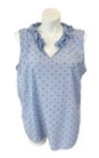 Talbots Top 3X Blue Sleeveless Swiss Dot Ruffle V-Neck Collar Shirt