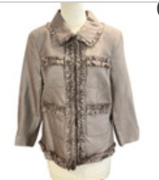 Doncaster Tweed Jacket Womens Silk Ruffle Hook & Loop Brown Blazer Career READ