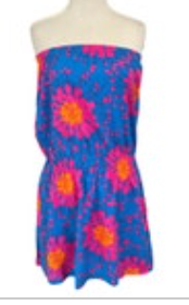 Escapada Beach Blue and Pink Floral Strapless Summer Dress Ruffles Size Medium