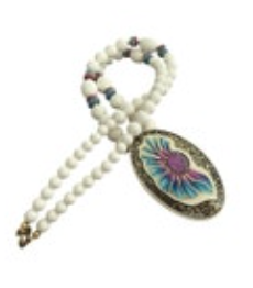 Japan Painted Vintage Pendant Necklace Beaded Boho Hippie Gold Accent Purple