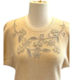 Vtg 1950s Tobi Of California Ivory Knit Boucle Sweater Shirt Pearls Sequin S M