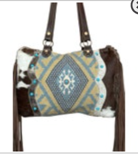 Myra Genuine Cowhide Leather Canvas Duffle Bag Brown & White Travel Tote Tassels