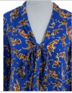 Anthropologie 17 of 52 Conversations Womens Shirt 4 Blue Tie Neck Big Cat Print