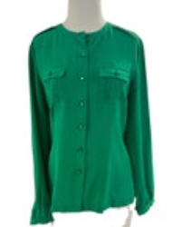 Pendleton Petite Green Silk Button-Up Blouse Woman Size 4 Breast Pockets