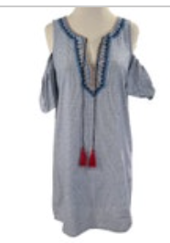Flying Tomato Cold Shoulder Blue White Short Sleeve V-Neck Dress Women’s Sz S