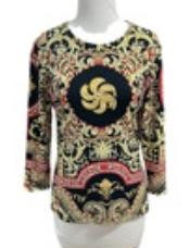 J McLaughlin Top Womens Small Black Gold Print Stretch Knit Blouse Persian