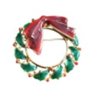 Gold Tone Red Green Enamel Christmas Themed Wreath Brooch Pin