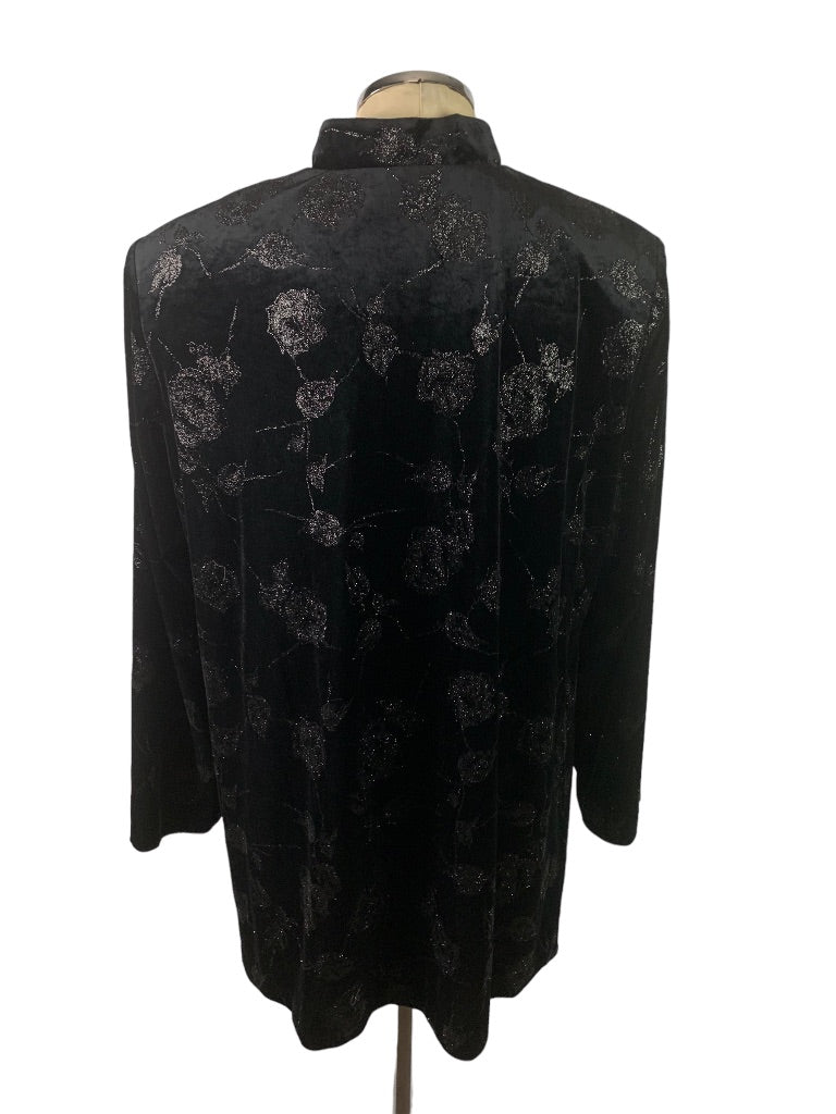2X J.B.S. Ltd. Vintage 1980s Black Velvet Sparkle Jacket Mandarin Collar Silvertone Clasps