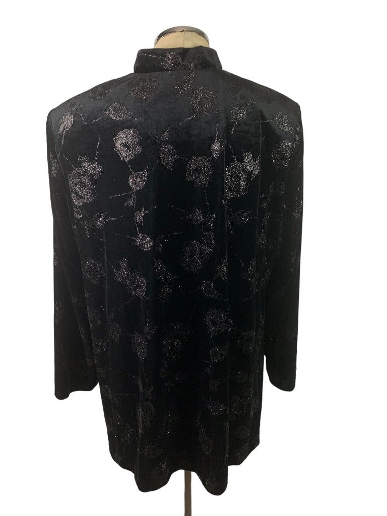 2X J.B.S. Ltd. Vintage 1980s Black Velvet Sparkle Jacket Mandarin Collar Silvertone Clasps