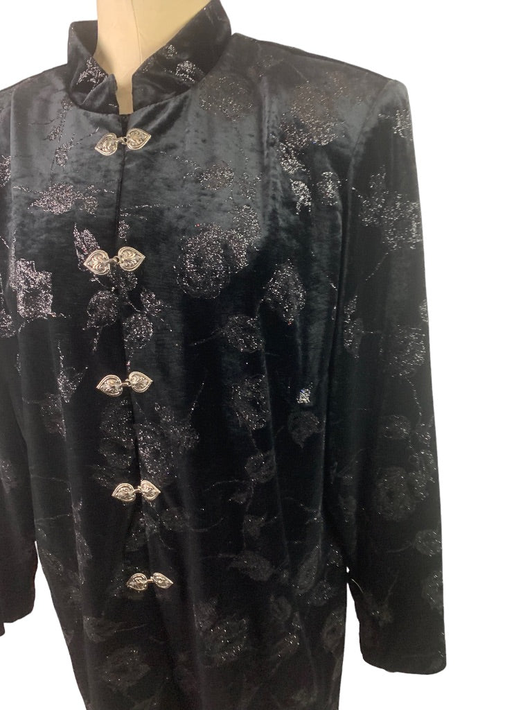 2X J.B.S. Ltd. Vintage 1980s Black Velvet Sparkle Jacket Mandarin Collar Silvertone Clasps