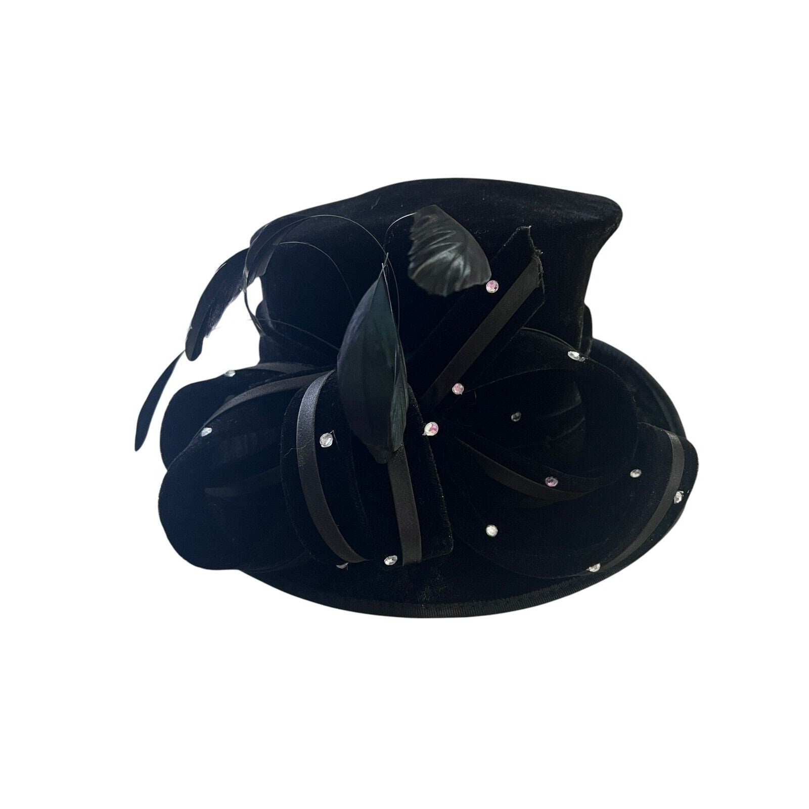 Swan Hat New York Ladies Black Velvet Rhinestone Bow Feathers Costume Regency il_fullxfull.4849897590_iala.jpg main image 2