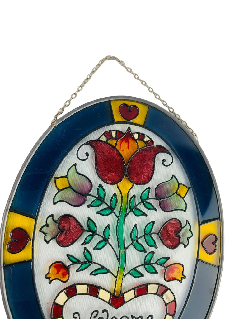 Painted Glass Oval Welcome Suncatcher Tulip Heart 7" x 5.5" Ready to Hang
