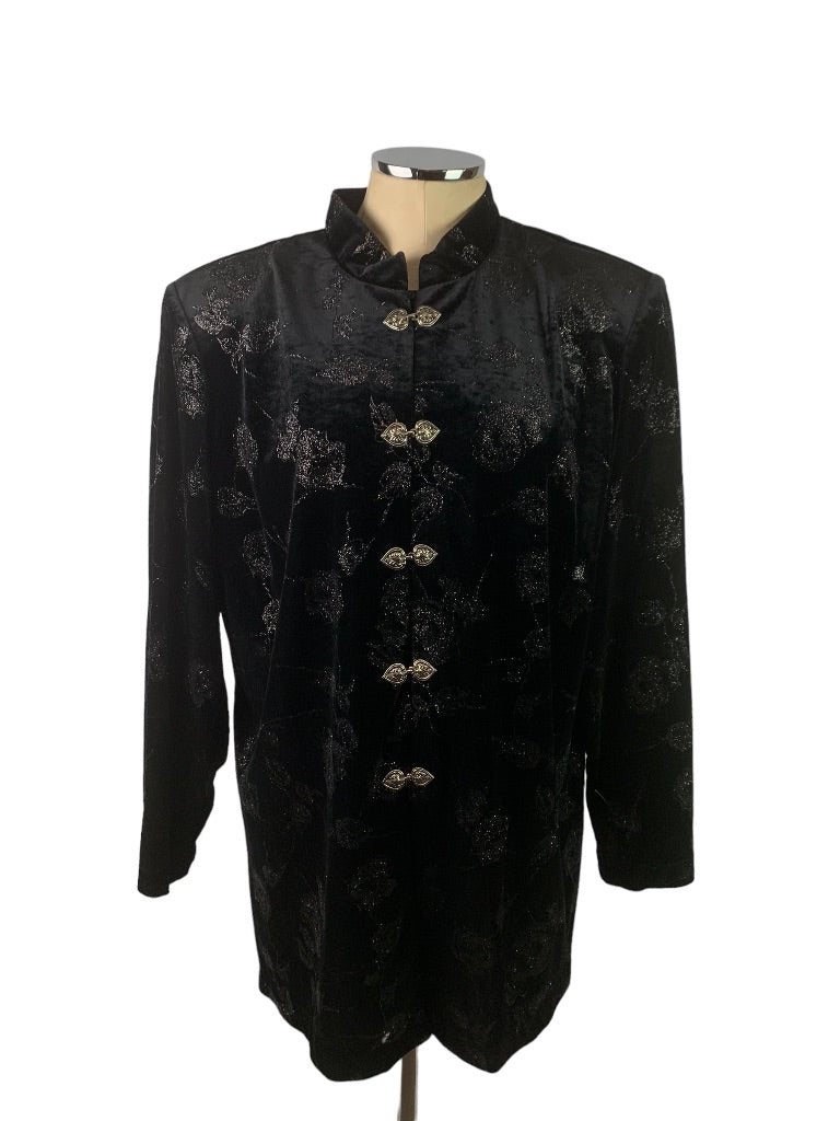2X J.B.S. Ltd. Vintage 1980s Black Velvet Sparkle Jacket Mandarin Collar Silvertone Clasps