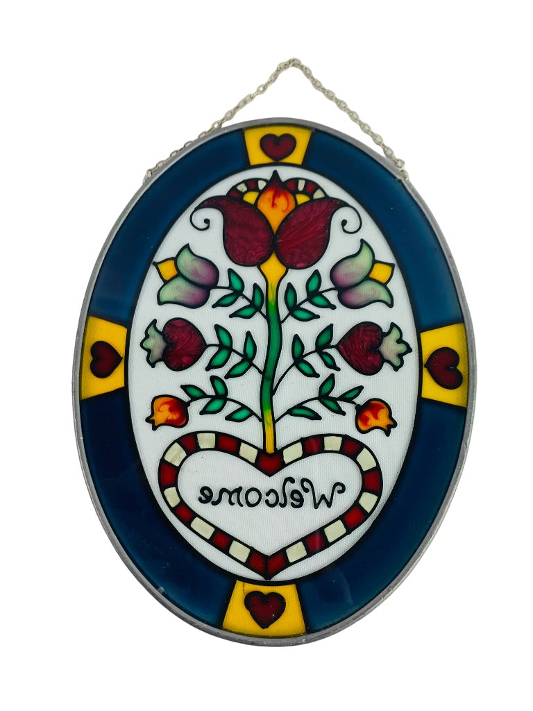 Painted Glass Oval Welcome Suncatcher Tulip Heart 7" x 5.5" Ready to Hang