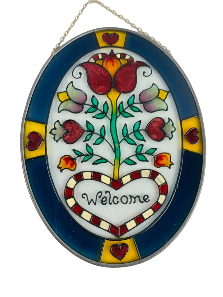 Painted Glass Oval Welcome Suncatcher Tulip Heart 7" x 5.5" Ready to Hang