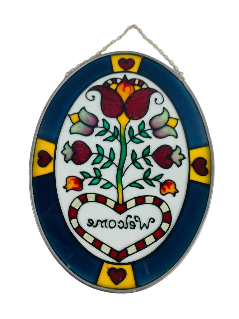 Painted Glass Oval Welcome Suncatcher Tulip Heart 7" x 5.5" Ready to Hang