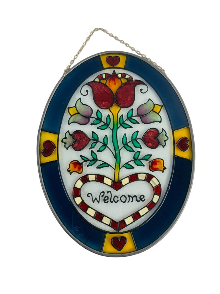 Painted Glass Oval Welcome Suncatcher Tulip Heart 7" x 5.5" Ready to Hang