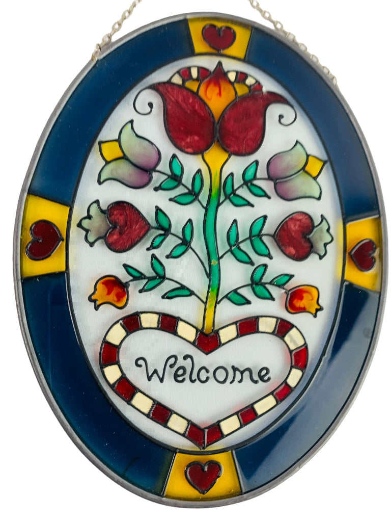 Painted Glass Oval Welcome Suncatcher Tulip Heart 7" x 5.5" Ready to Hang