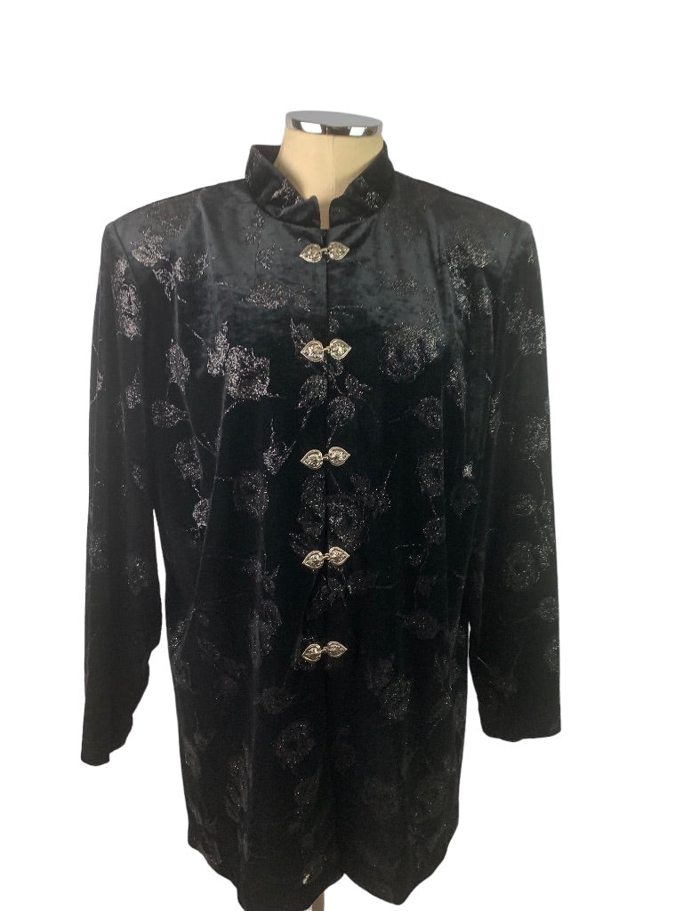 2X J.B.S. Ltd. Vintage 1980s Black Velvet Sparkle Jacket Mandarin Collar Silvertone Clasps