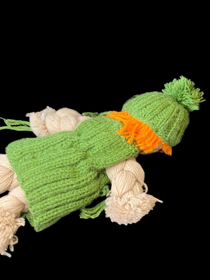 Vintage Handmade Yarn Kitsch Doll Green Dress Orange 13"