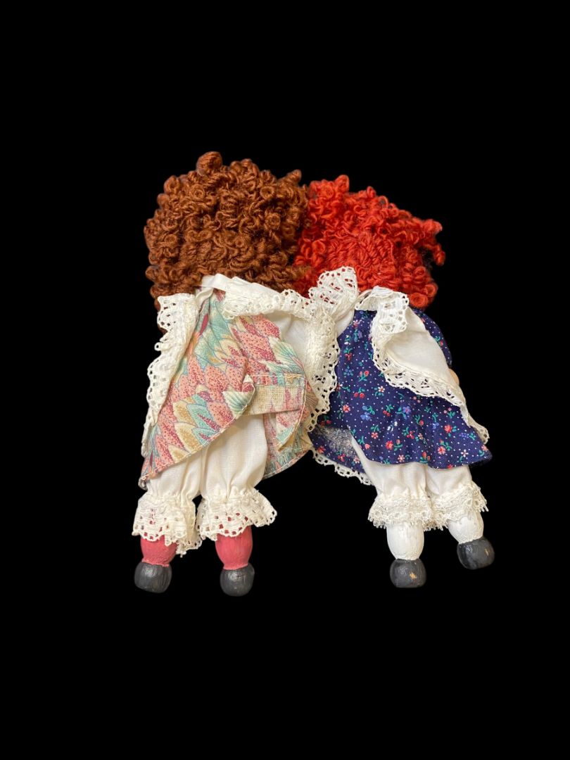 Vintage Set of 2 Wooden Clothespin Handmade Doll 6.5" Curly Hair Girls