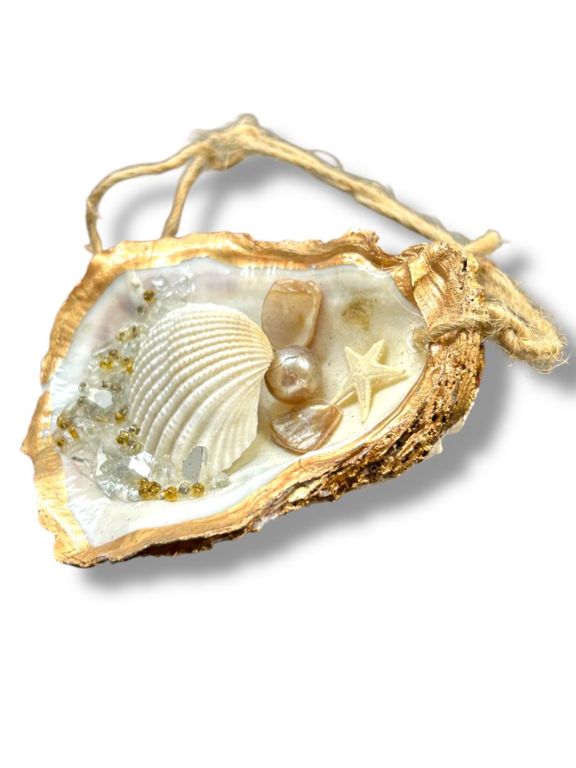 Beach Theme Oyster Shell Embellished Ornament 3.25" Goldtone Trim