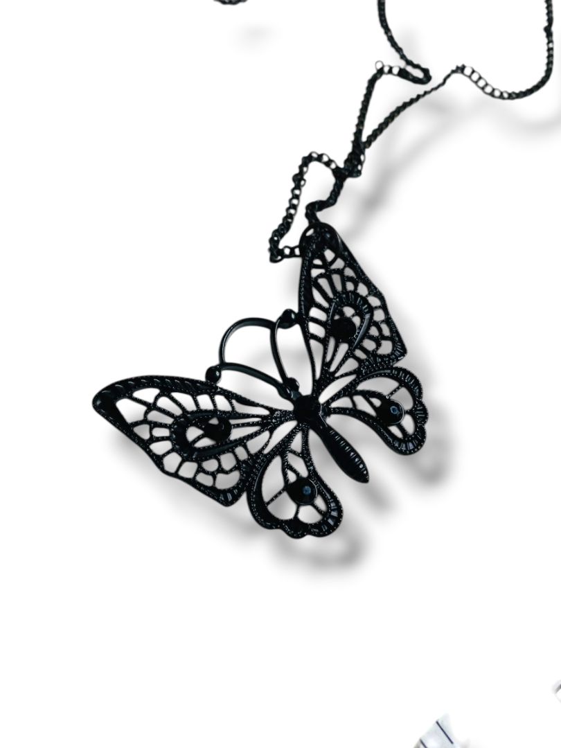 Black Butterfly Lasercut Pendant Necklace 30-33"