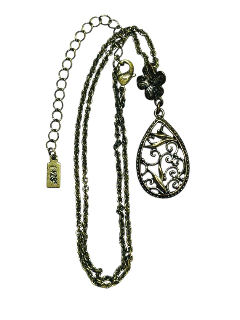 1928 Brand Antiqued Goldtone Pendant Necklace Filigree 16-19"