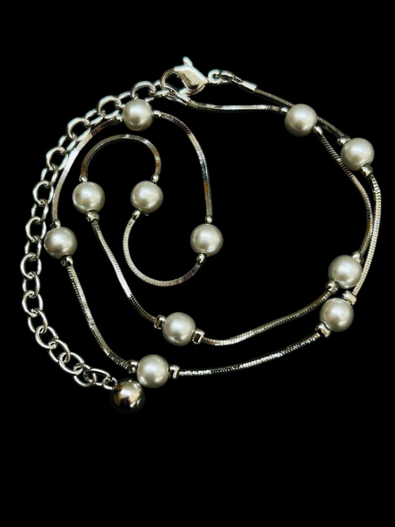 Silvertone Faux Light Gray Pearl Beaded Chain Necklace 16-19" Lobster Clasp