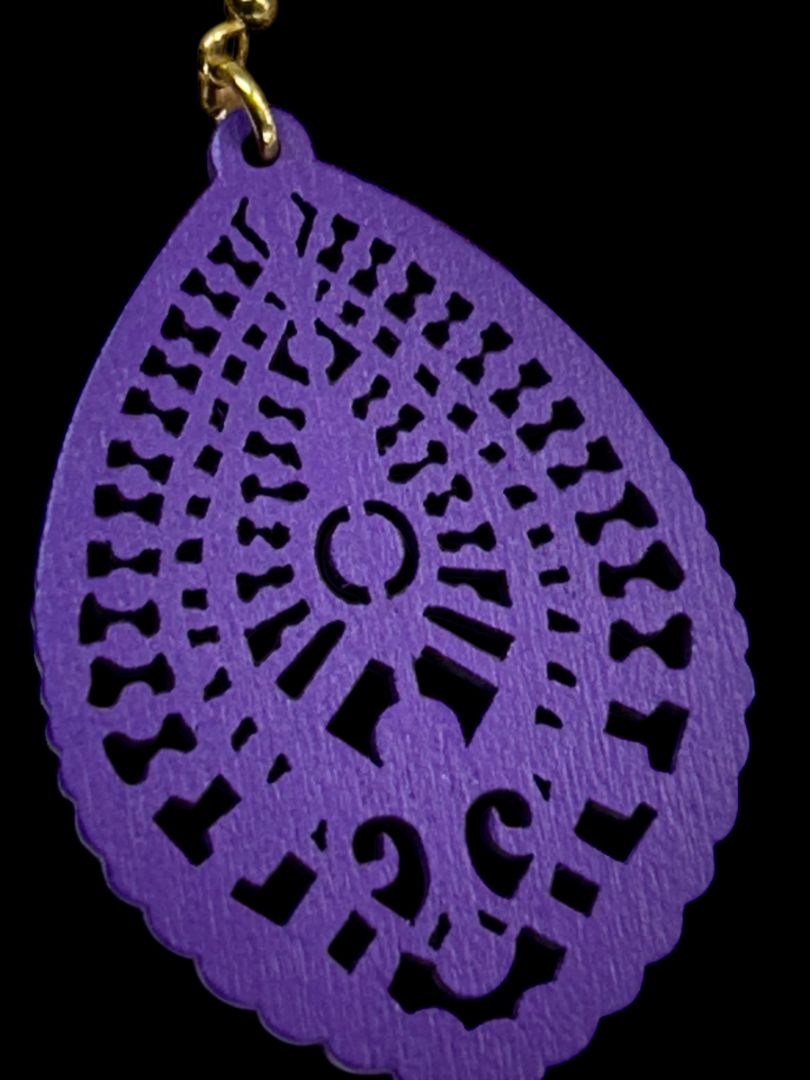 New Plunder Purple Balsa Wood Lasercut Earrings Fishhook 3" Drop