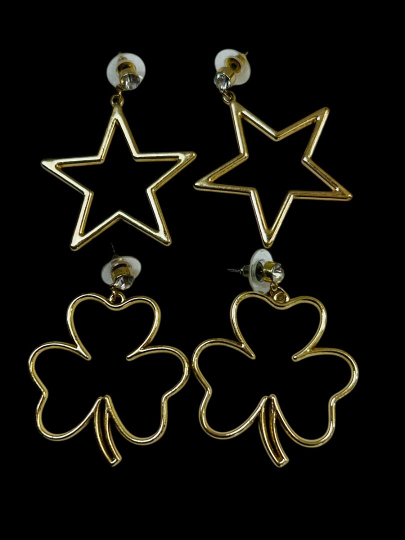 2 Pair Goldtone Pierced Earrings Shamrock Star 1.5-1.75" Drop