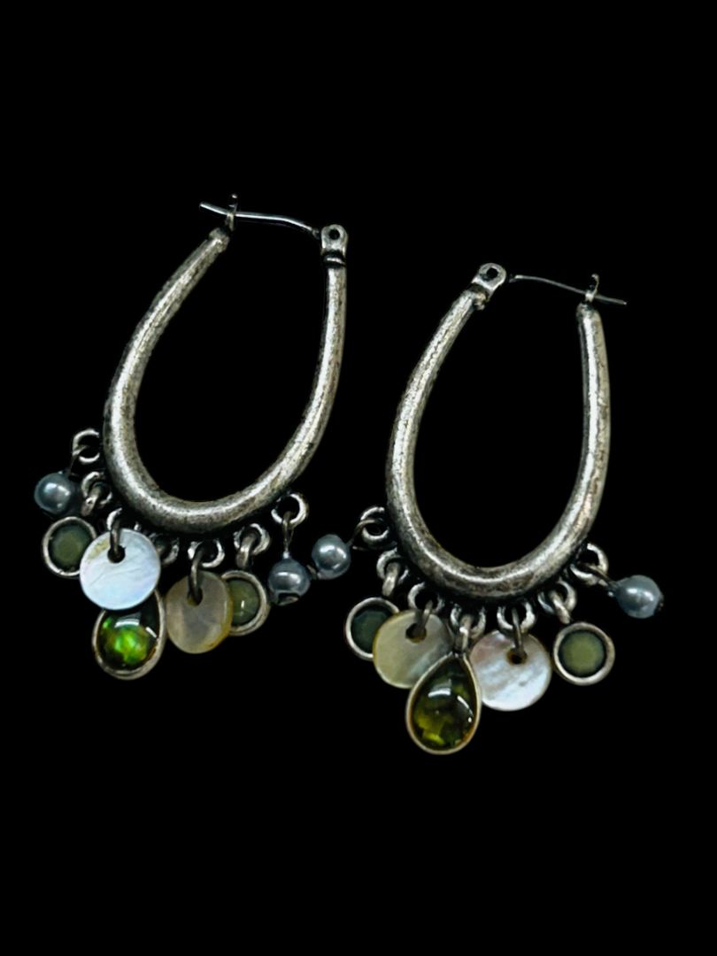 Silvertone Latchback Oval Hoop Earrings Beaded Boho Style 1.5" Drop