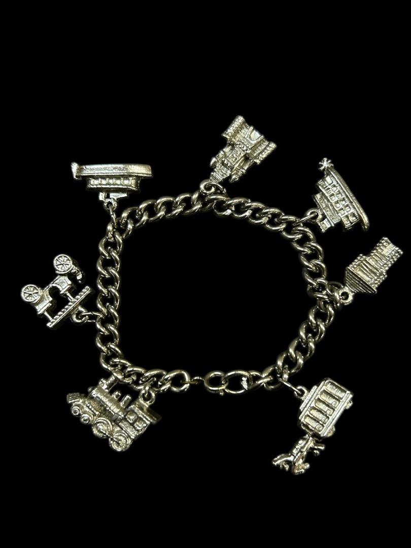 Silvertone Charm Bracelet Travel Theme 6.5" Spring Clasp